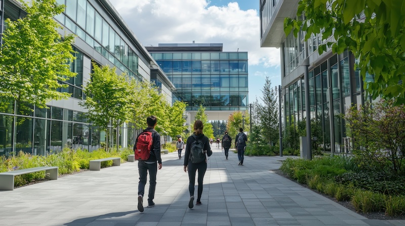 A college campus with students walking between modern buildings and greenery.