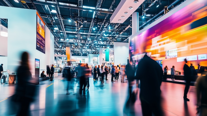 A vibrant exhibition event fills a spacious public hall, alive with diverse attendees engaged in dynamic business discussions. In the foreground, a sleek booth displays cutting-edge products. In the blurred background, clusters of people network amid colorful banners and digital displays. Soft lighting enhances the modern aesthetic, creating an inviting atmosphere perfect for collaboration and idea exchange at this bustling trade event.
